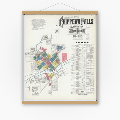 Old map wall art mockup — magnetic wood frame on white wall — Sanborn Fire Insurance Map from Chippewa Falls, Chippewa County, Wisconsin (1903) - Complete Map Set