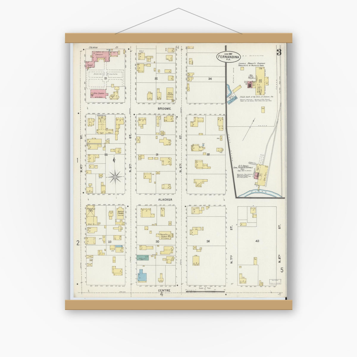 Old map wall art mockup — magnetic wood frame on white wall — Sanborn Fire Insurance Map from Fernandina, Nassau County, Florida (1897), Sheet #0003