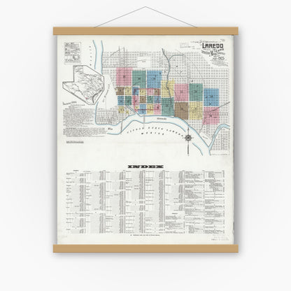 Old map wall art mockup — magnetic wood frame on white wall — Sanborn Fire Insurance Map from Laredo, Webb County, Texas (1925), Sheet #0001