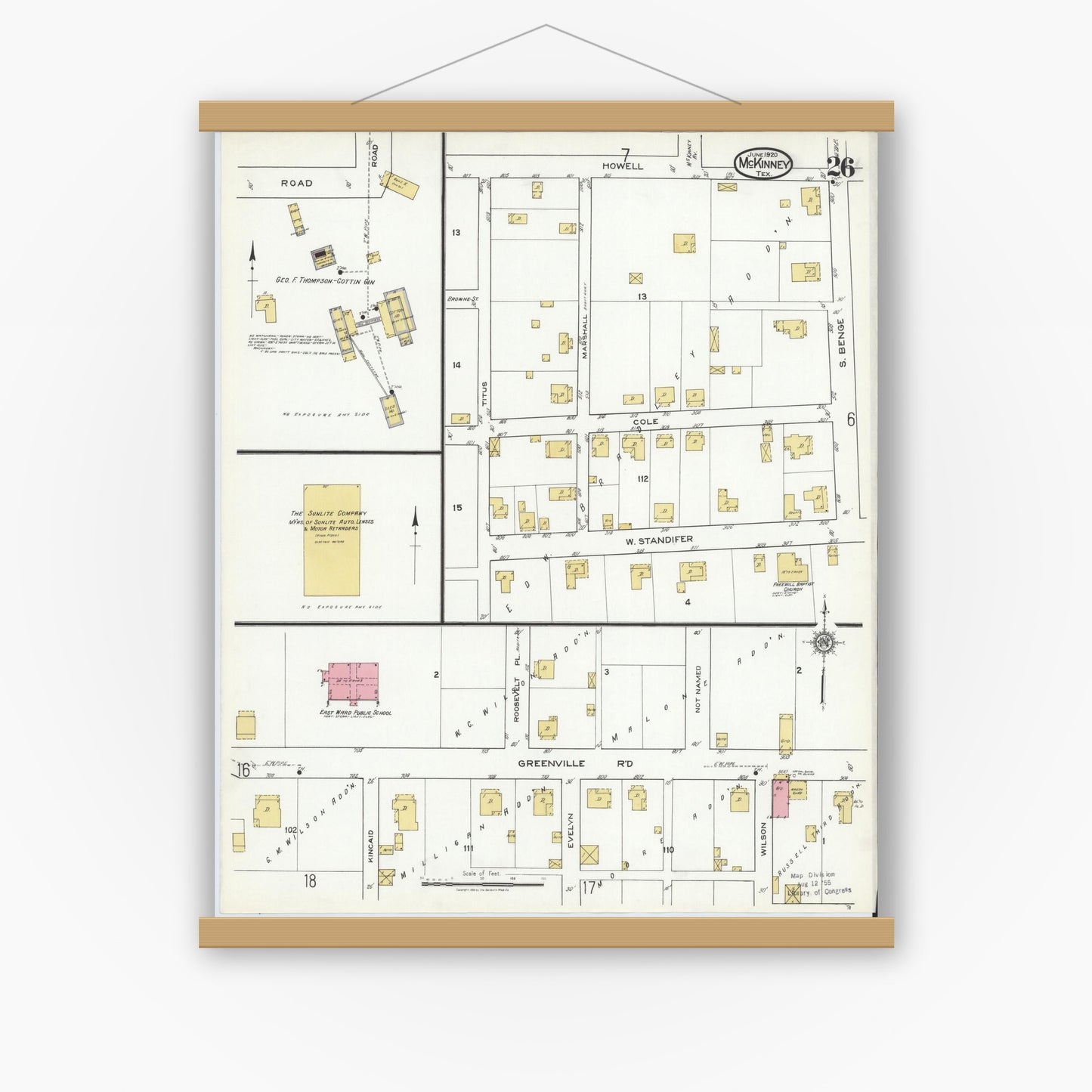 Old map wall art mockup — magnetic wood frame on white wall — Sanborn Fire Insurance Map from McKinney, Collin County, Texas (1920), Sheet #0026