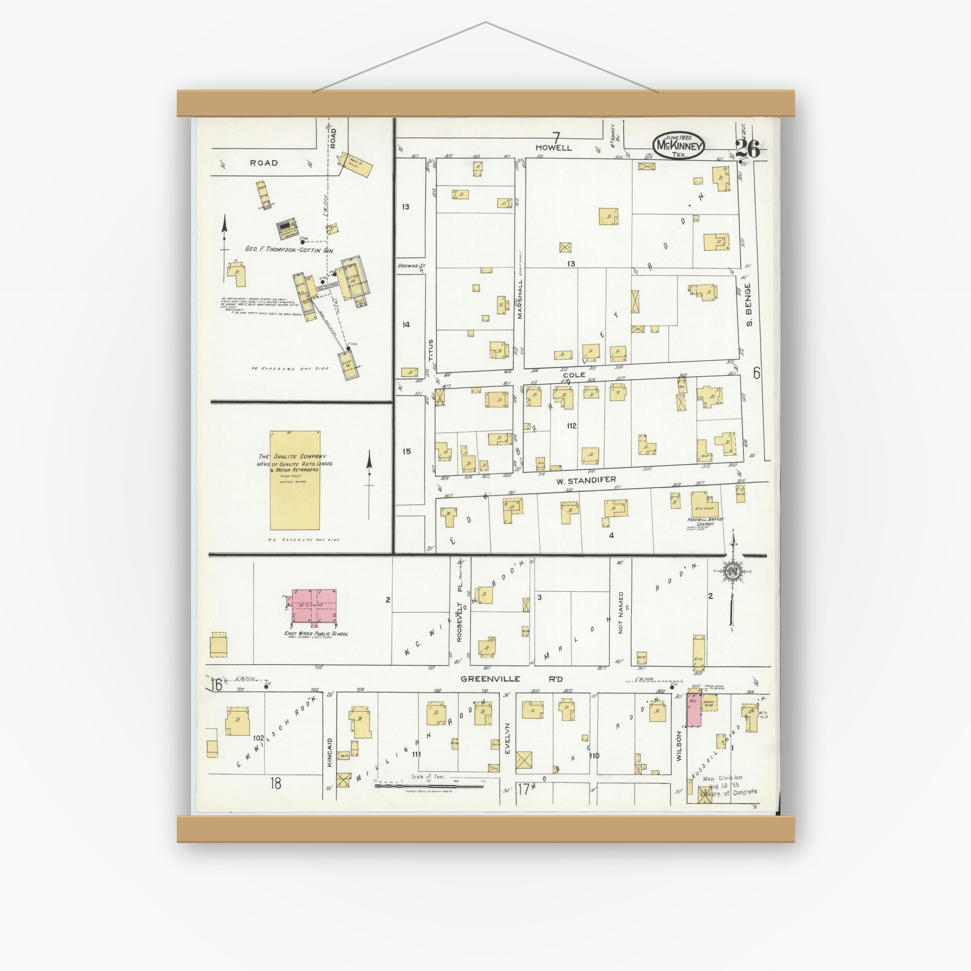Old map wall art mockup — magnetic wood frame on white wall — Sanborn Fire Insurance Map from McKinney, Collin County, Texas (1920), Sheet #0026