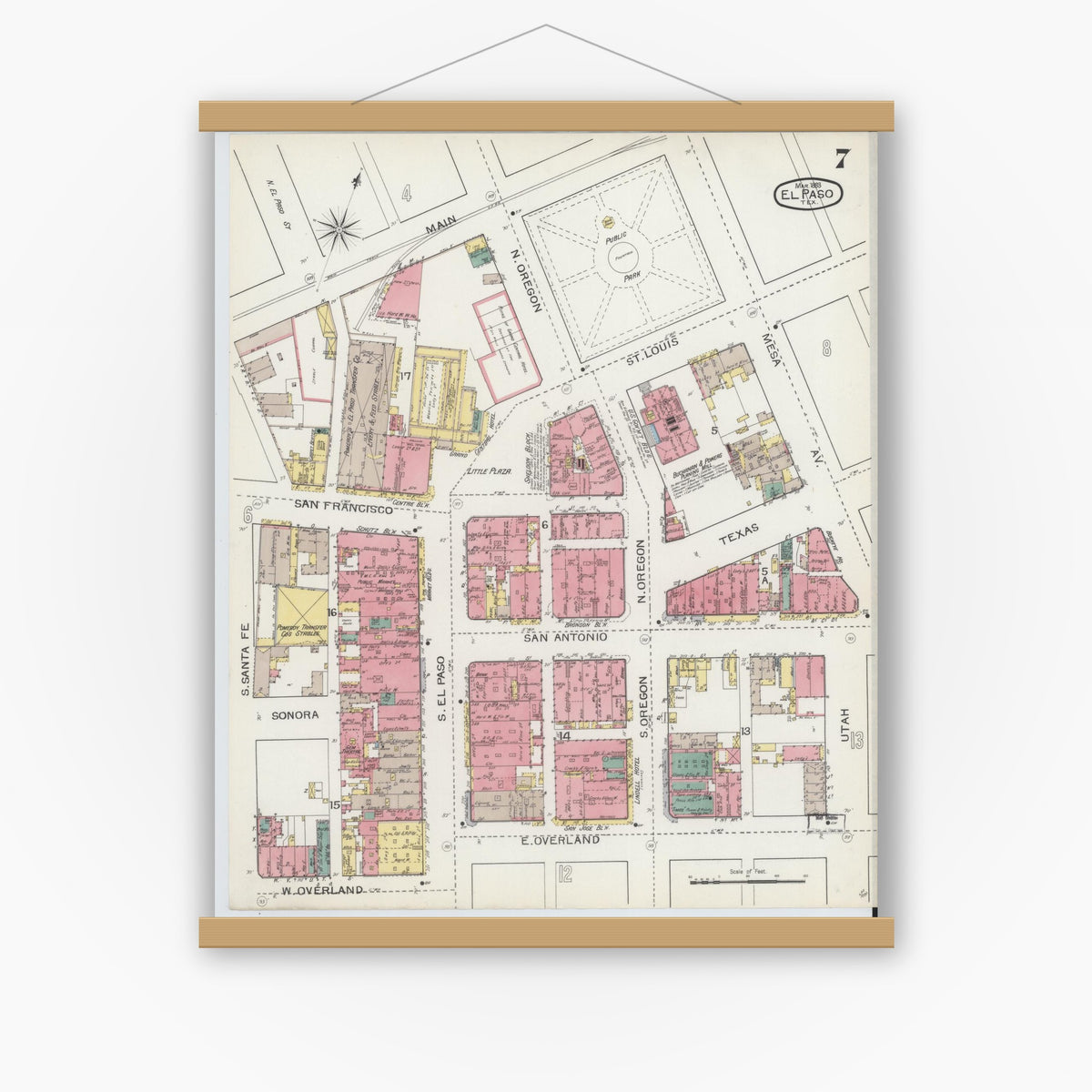 Old map wall art mockup — magnetic wood frame on white wall — Sanborn Fire Insurance Map from El Paso, El Paso County, Texas (1893), Sheet #0007
