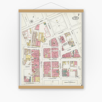 Old map wall art mockup — magnetic wood frame on white wall — Sanborn Fire Insurance Map from El Paso, El Paso County, Texas (1893), Sheet #0007