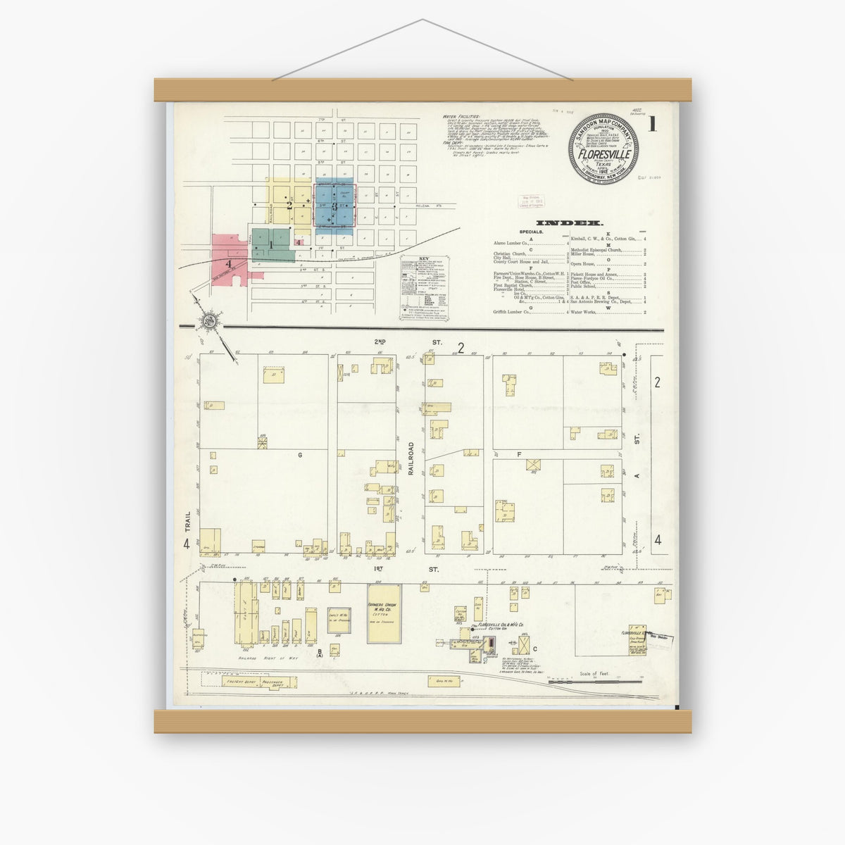Old map wall art mockup — magnetic wood frame on white wall — Sanborn Fire Insurance Map from Floresville, Wilson County, Texas (1912) - Complete Map Set