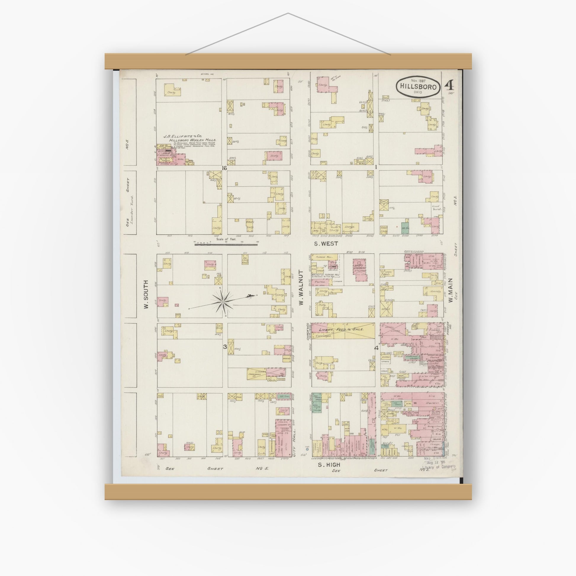 Old map wall art mockup — magnetic wood frame on white wall — Sanborn Fire Insurance Map from Hillsboro, Highland County, Ohio (1887), Sheet #0004