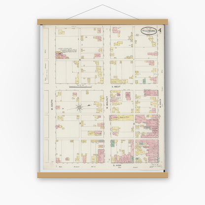 Old map wall art mockup — magnetic wood frame on white wall — Sanborn Fire Insurance Map from Hillsboro, Highland County, Ohio (1887), Sheet #0004
