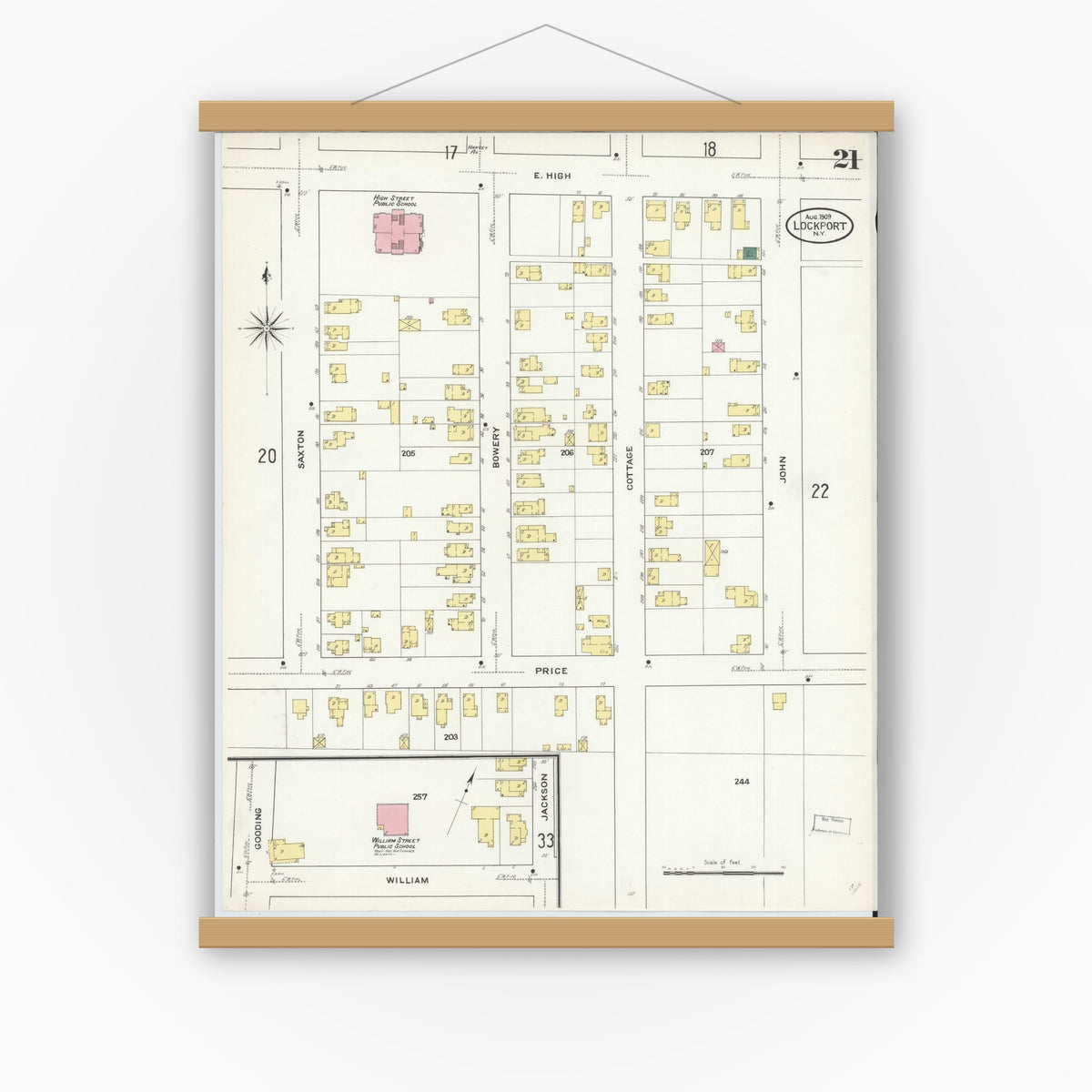 Old map wall art mockup — magnetic wood frame on white wall — Sanborn Fire Insurance Map from Lockport, Niagara County, New York (1909), Sheet #0021