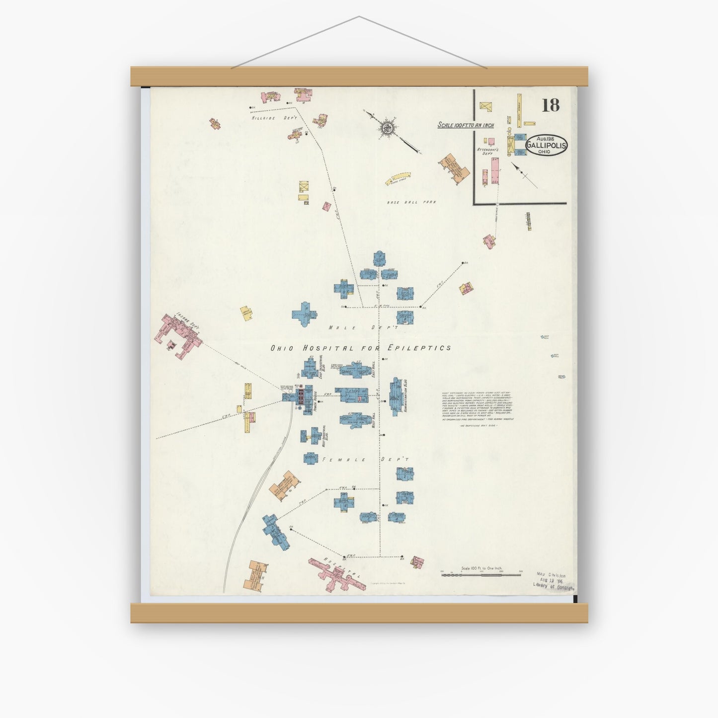 Old map wall art mockup — magnetic wood frame on white wall — Sanborn Fire Insurance Map from Gallipolis, Gallia County, Ohio (1916), Sheet #0018