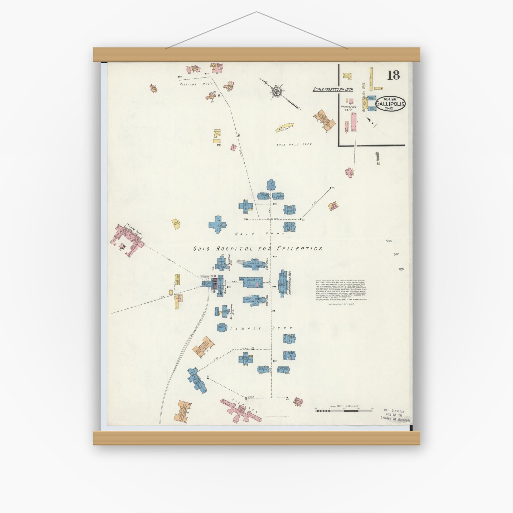 Old map wall art mockup — magnetic wood frame on white wall — Sanborn Fire Insurance Map from Gallipolis, Gallia County, Ohio (1916), Sheet #0018
