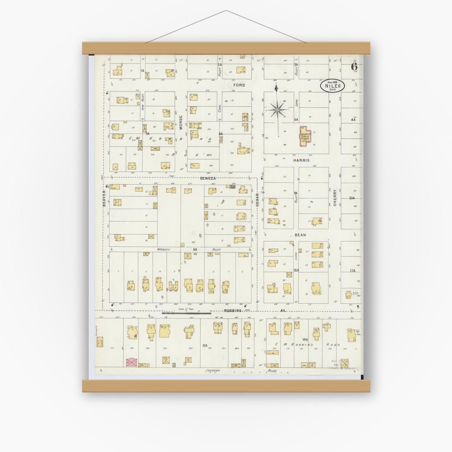 Old map wall art mockup — magnetic wood frame on white wall — Sanborn Fire Insurance Map from Niles, Trumbull County, Ohio (1898), Sheet #0006