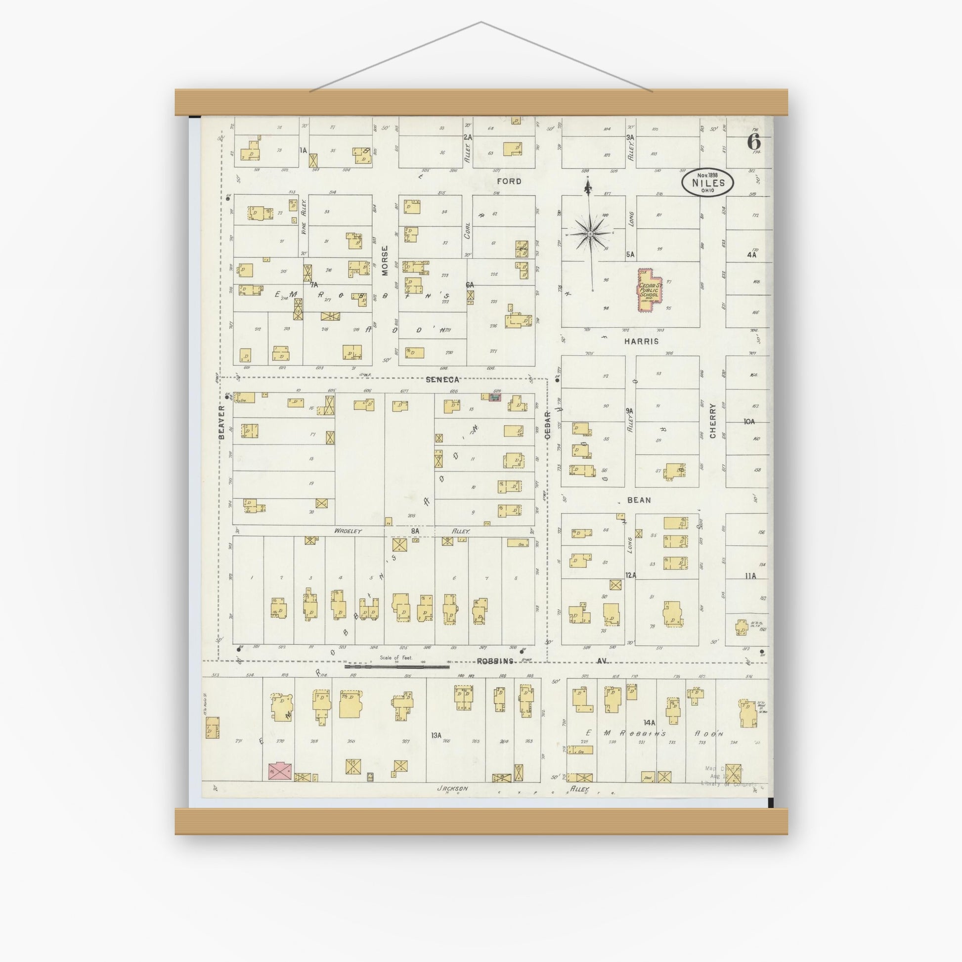 Old map wall art mockup — magnetic wood frame on white wall — Sanborn Fire Insurance Map from Niles, Trumbull County, Ohio (1898), Sheet #0006