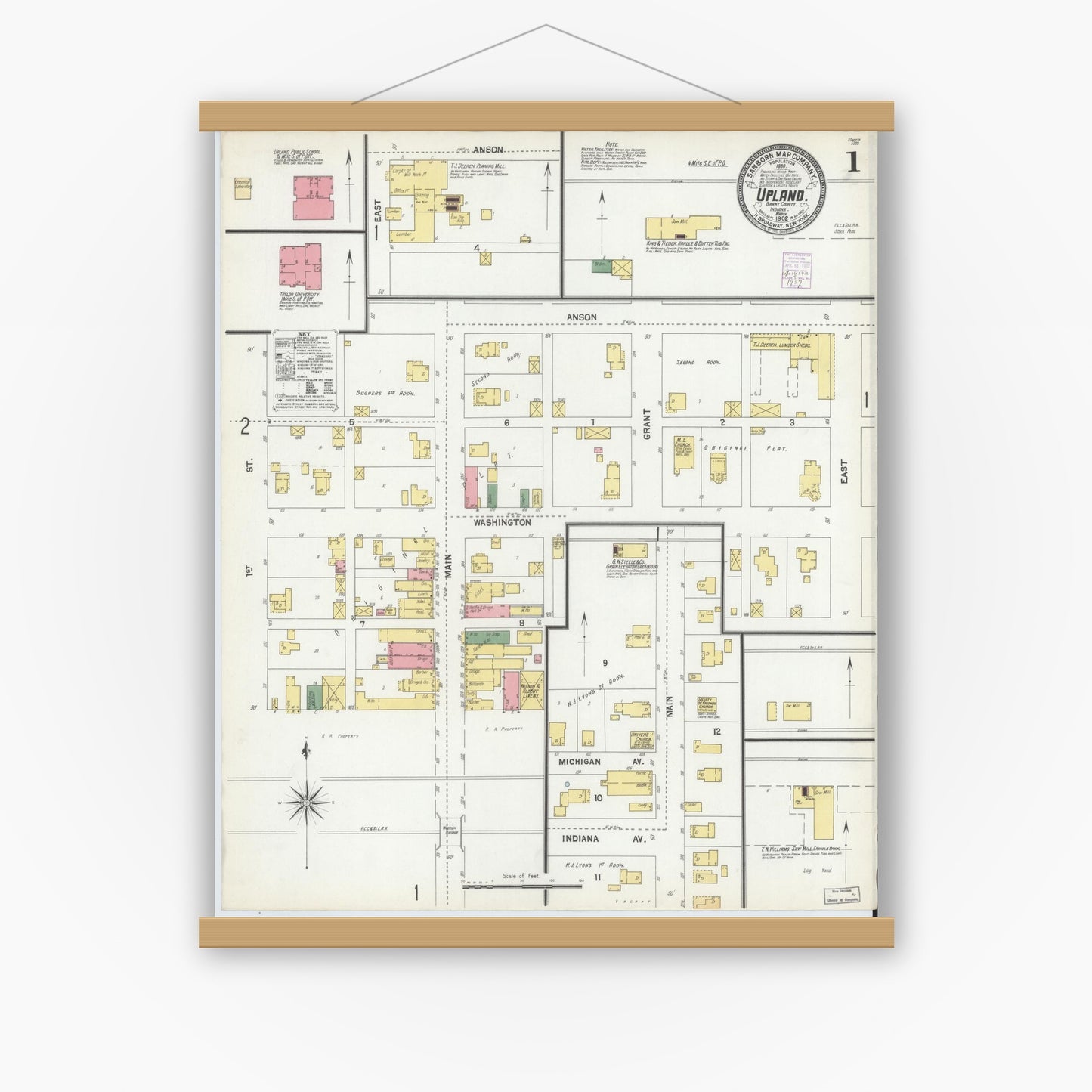 Old map wall art mockup — magnetic wood frame on white wall — Sanborn Fire Insurance Map from Upland, Grant County, Indiana (1902) - Complete Map Set