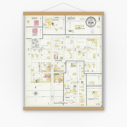 Old map wall art mockup — magnetic wood frame on white wall — Sanborn Fire Insurance Map from Upland, Grant County, Indiana (1902) - Complete Map Set