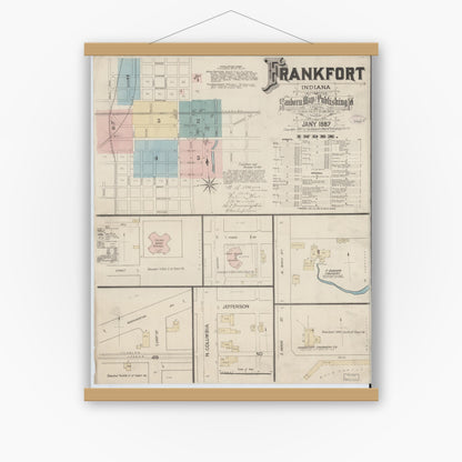 Old map wall art mockup — magnetic wood frame on white wall — Sanborn Fire Insurance Map from Frankfort, Clinton County, Indiana (1887) - Complete Map Set