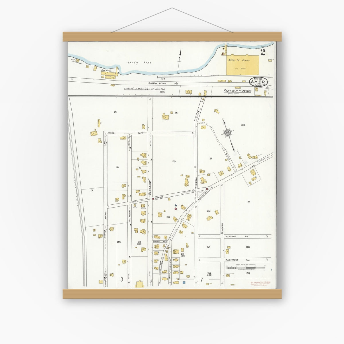 Old map wall art mockup — magnetic wood frame on white wall — Sanborn Fire Insurance Map from Ayer, Middlesex County, Massachusetts (1921), Sheet #0002