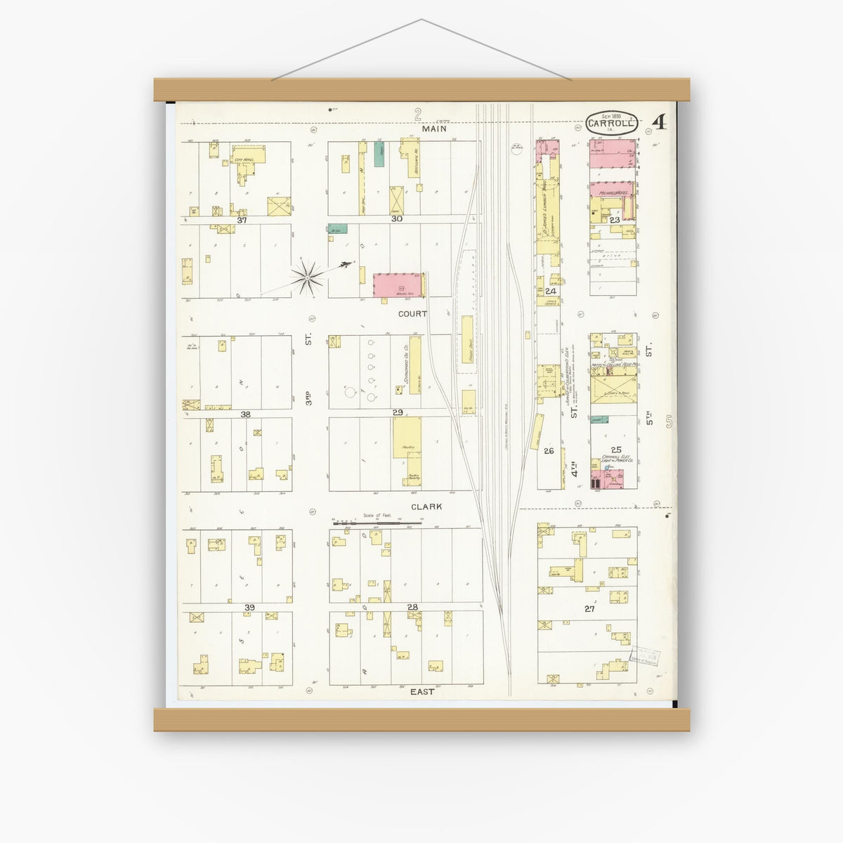 Old map wall art mockup — magnetic wood frame on white wall — Sanborn Fire Insurance Map from Carroll, Carroll County, Iowa (1893), Sheet #0004