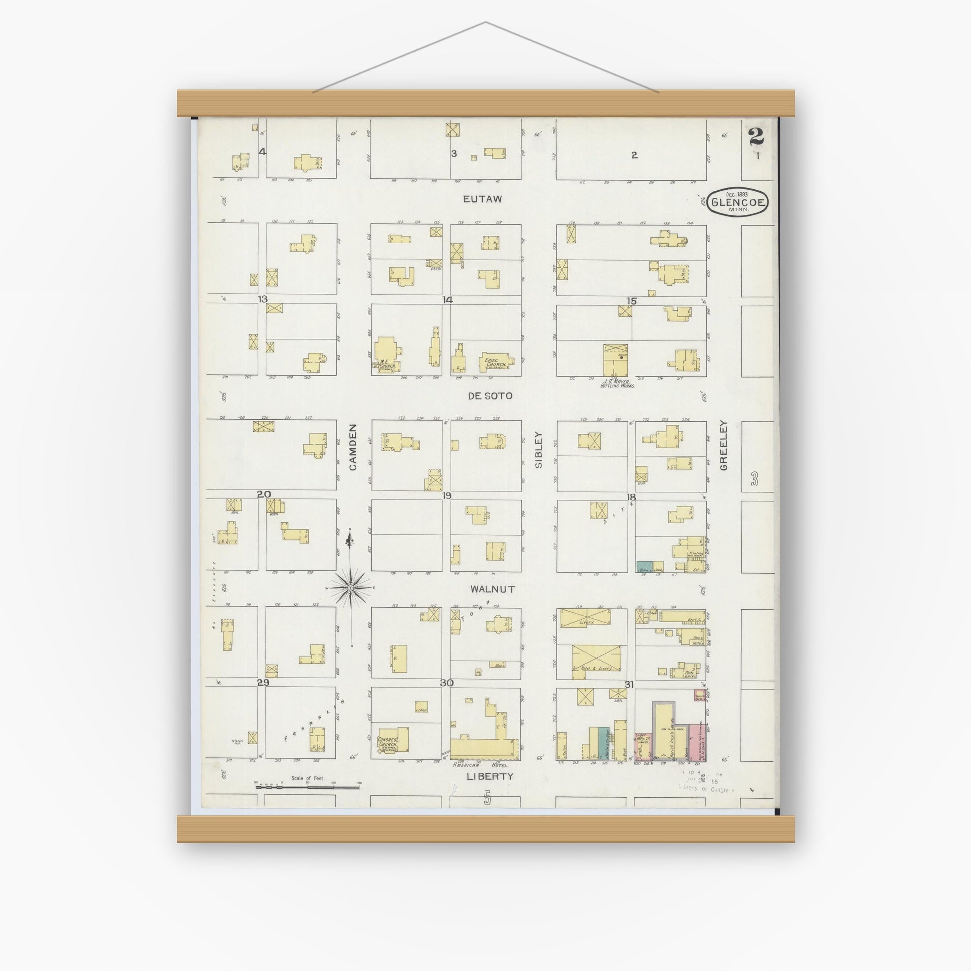Old map wall art mockup — magnetic wood frame on white wall — Sanborn Fire Insurance Map from Glencoe, Mcleod County, Minnesota (1893), Sheet #0002