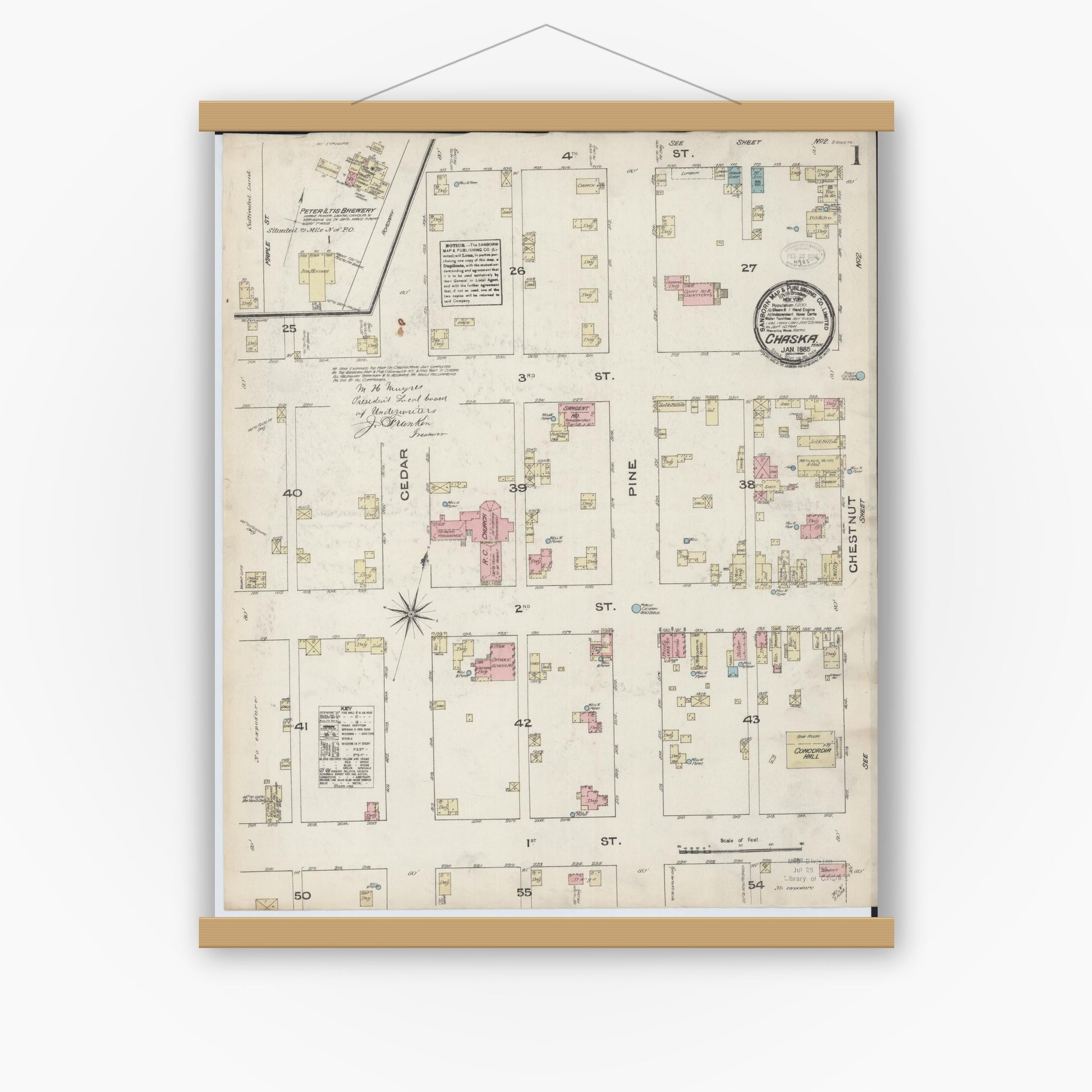 Old map wall art mockup — magnetic wood frame on white wall — Sanborn Fire Insurance Map from Chaska, Carver County, Minnesota (1885), Sheet #0001