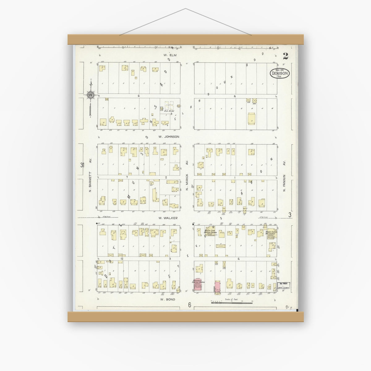 Old map wall art mockup — magnetic wood frame on white wall — Sanborn Fire Insurance Map from Denison, Grayson County, Texas (1914), Sheet #0002