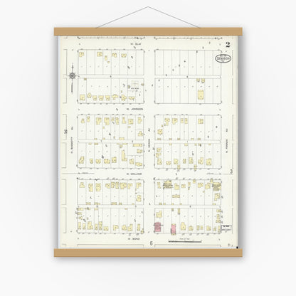 Old map wall art mockup — magnetic wood frame on white wall — Sanborn Fire Insurance Map from Denison, Grayson County, Texas (1914), Sheet #0002