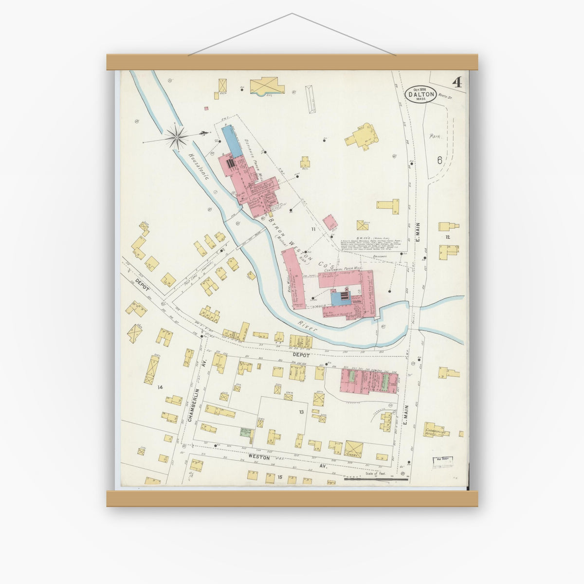 Old map wall art mockup — magnetic wood frame on white wall — Sanborn Fire Insurance Map from Dalton, Berkshire County, Massachusetts (1898), Sheet #0004