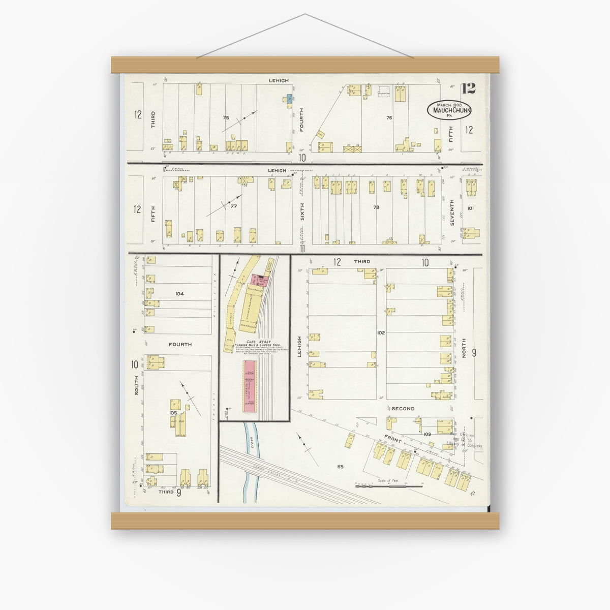 Old map wall art mockup — magnetic wood frame on white wall — Sanborn Fire Insurance Map from Mauch Chunk, Carbon County, Pennsylvania (1908), Sheet #0012
