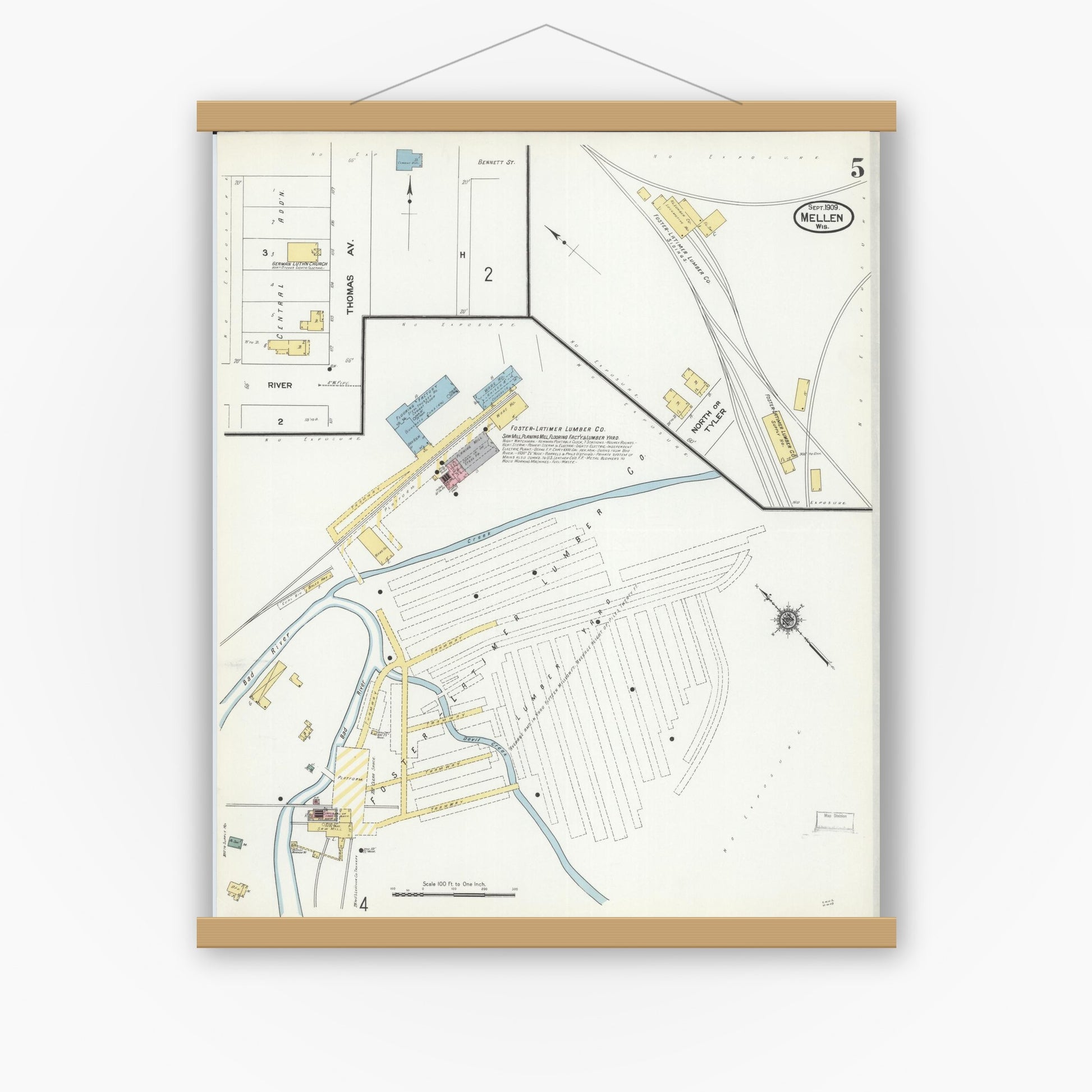 Old map wall art mockup — magnetic wood frame on white wall — Sanborn Fire Insurance Map from Mellen, Ashland County, Wisconsin (1909), Sheet #0005
