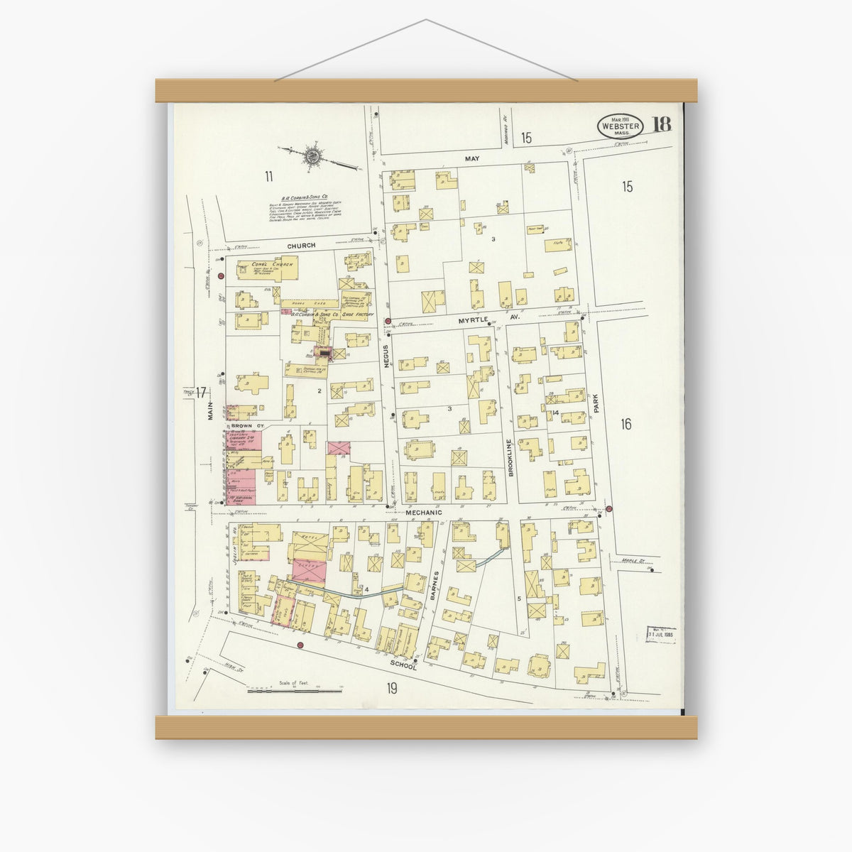 Old map wall art mockup — magnetic wood frame on white wall — Sanborn Fire Insurance Map from Webster, Worcester County, Massachusetts (1911), Sheet #0018
