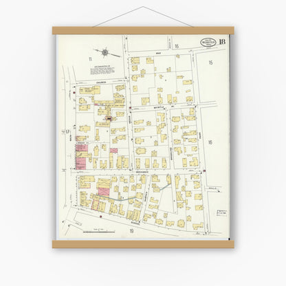 Old map wall art mockup — magnetic wood frame on white wall — Sanborn Fire Insurance Map from Webster, Worcester County, Massachusetts (1911), Sheet #0018