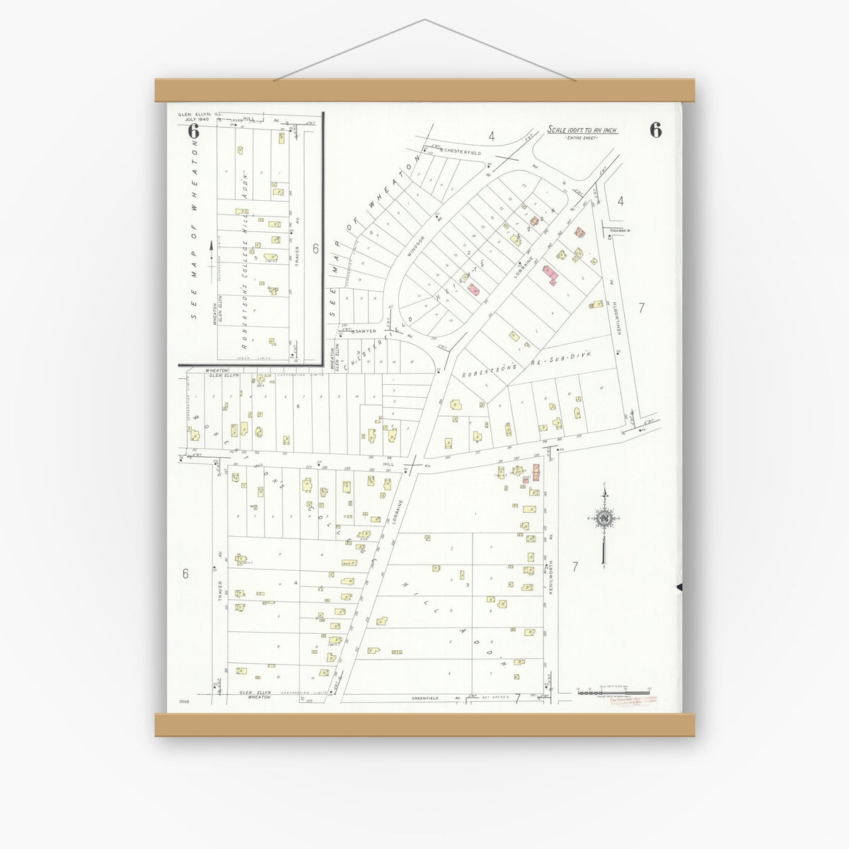 Old map wall art mockup — magnetic wood frame on white wall — Sanborn Fire Insurance Map from Glen Ellyn, Du Page County, Illinois (1940), Sheet #0006