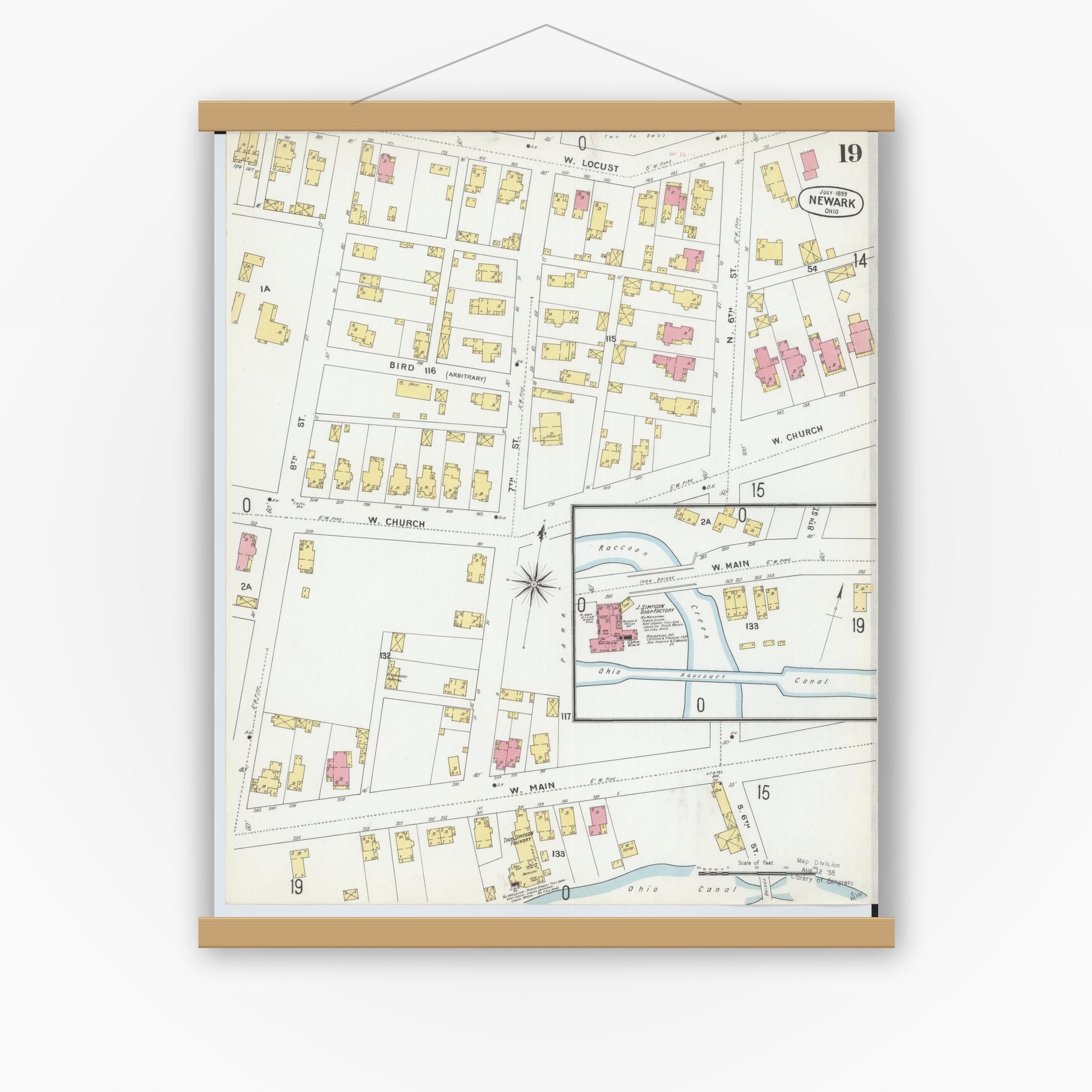 Old map wall art mockup — magnetic wood frame on white wall — Sanborn Fire Insurance Map from Newark, Licking County, Ohio (1899), Sheet #0019