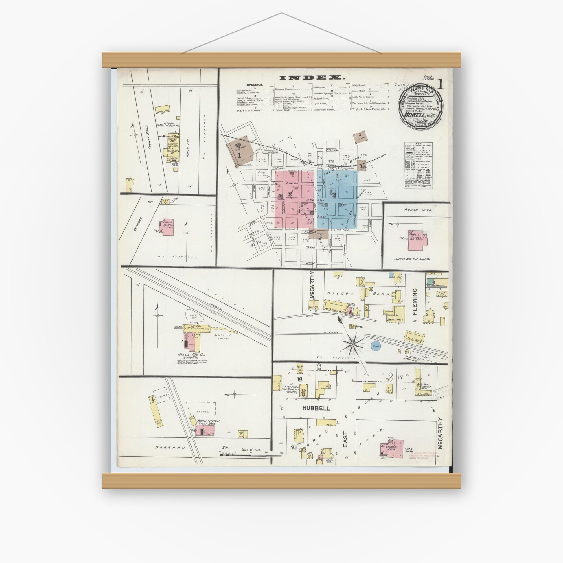 Old map wall art mockup — magnetic wood frame on white wall — Sanborn Fire Insurance Map from Howell, Livingston County, Michigan (1892), Sheet #0001