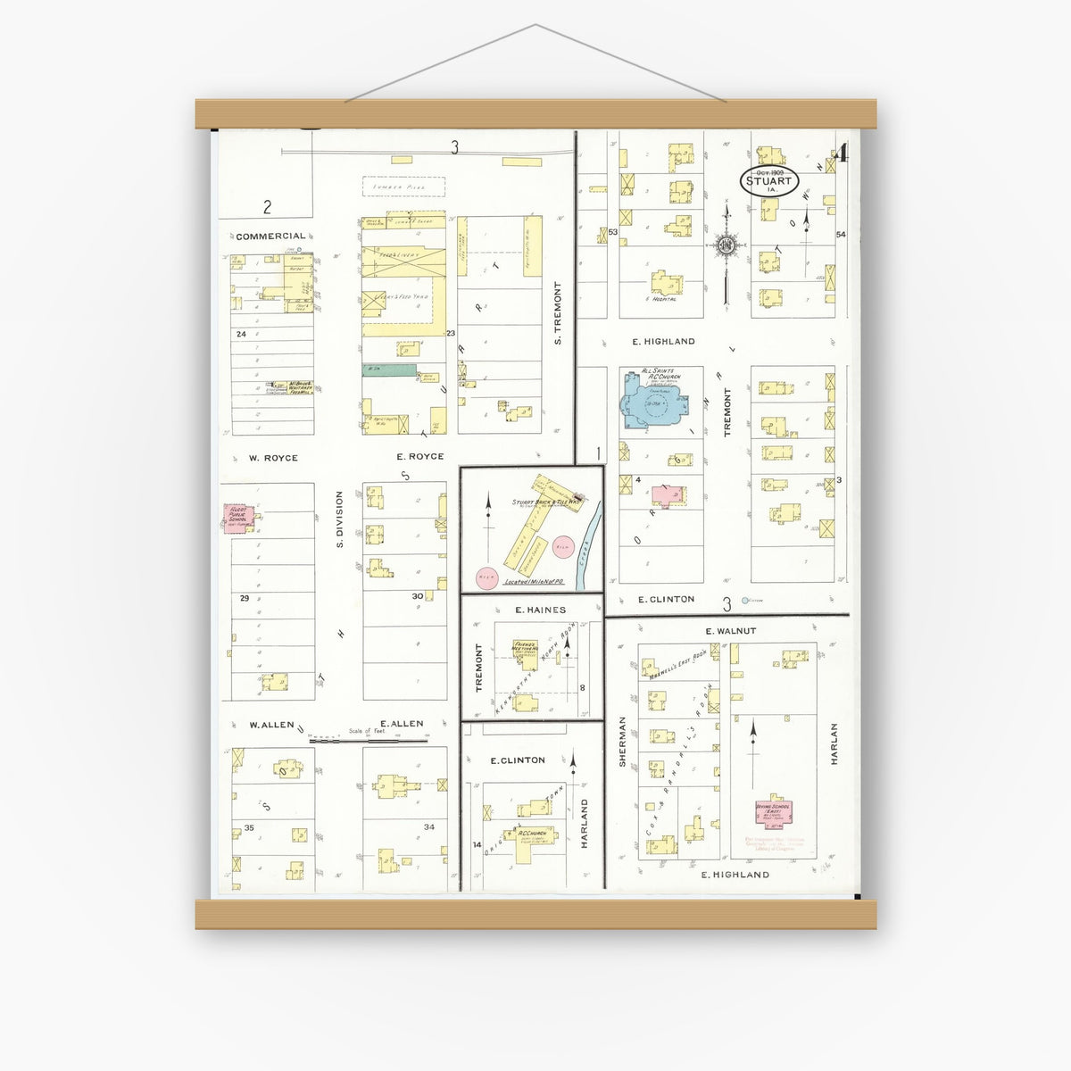 Old map wall art mockup — magnetic wood frame on white wall — Sanborn Fire Insurance Map from Stuart, Guthrie and Adair Counties, Iowa (1909), Sheet #0004
