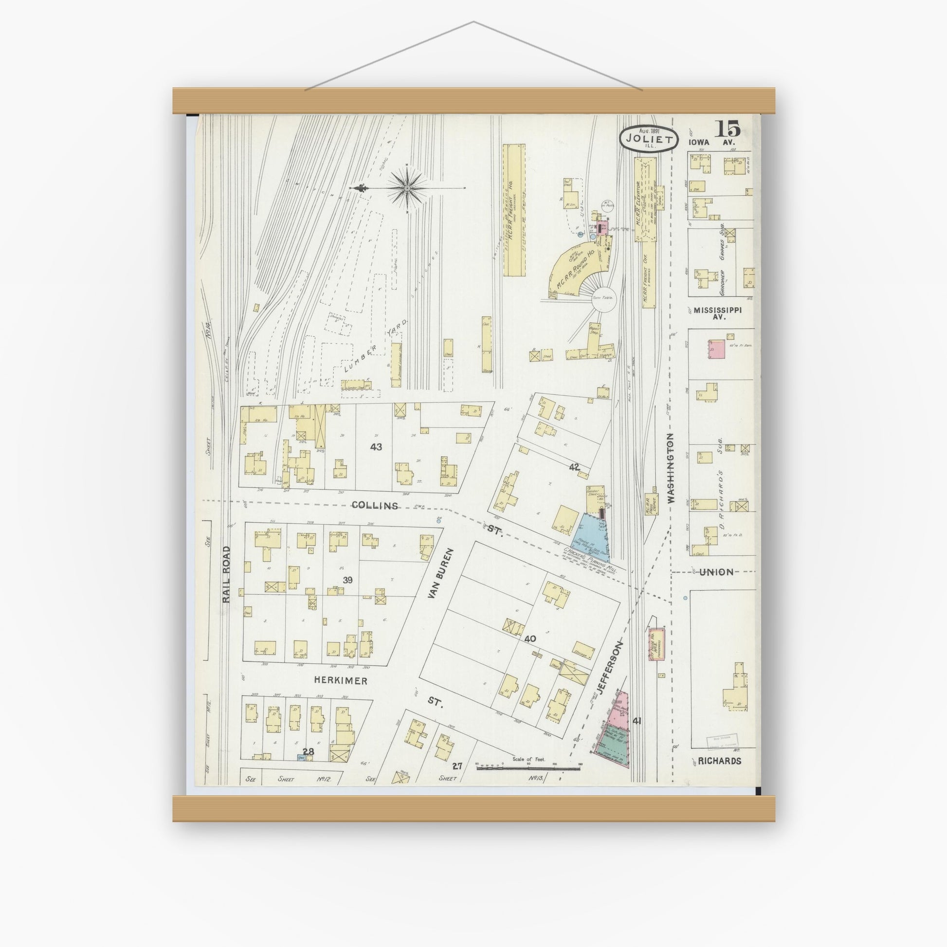 Old map wall art mockup — magnetic wood frame on white wall — Sanborn Fire Insurance Map from Joliet, Will County, Illinois (1891), Sheet #0015
