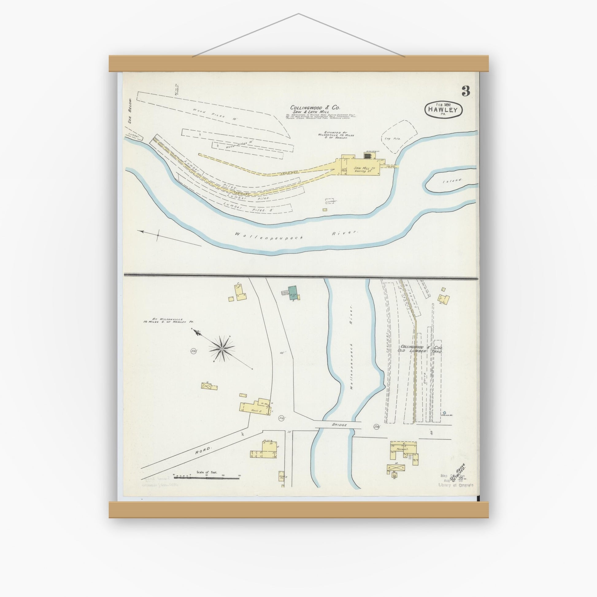 Old map wall art mockup — magnetic wood frame on white wall — Sanborn Fire Insurance Map from Hawley, Wayne County, Pennsylvania (1892), Sheet #0003