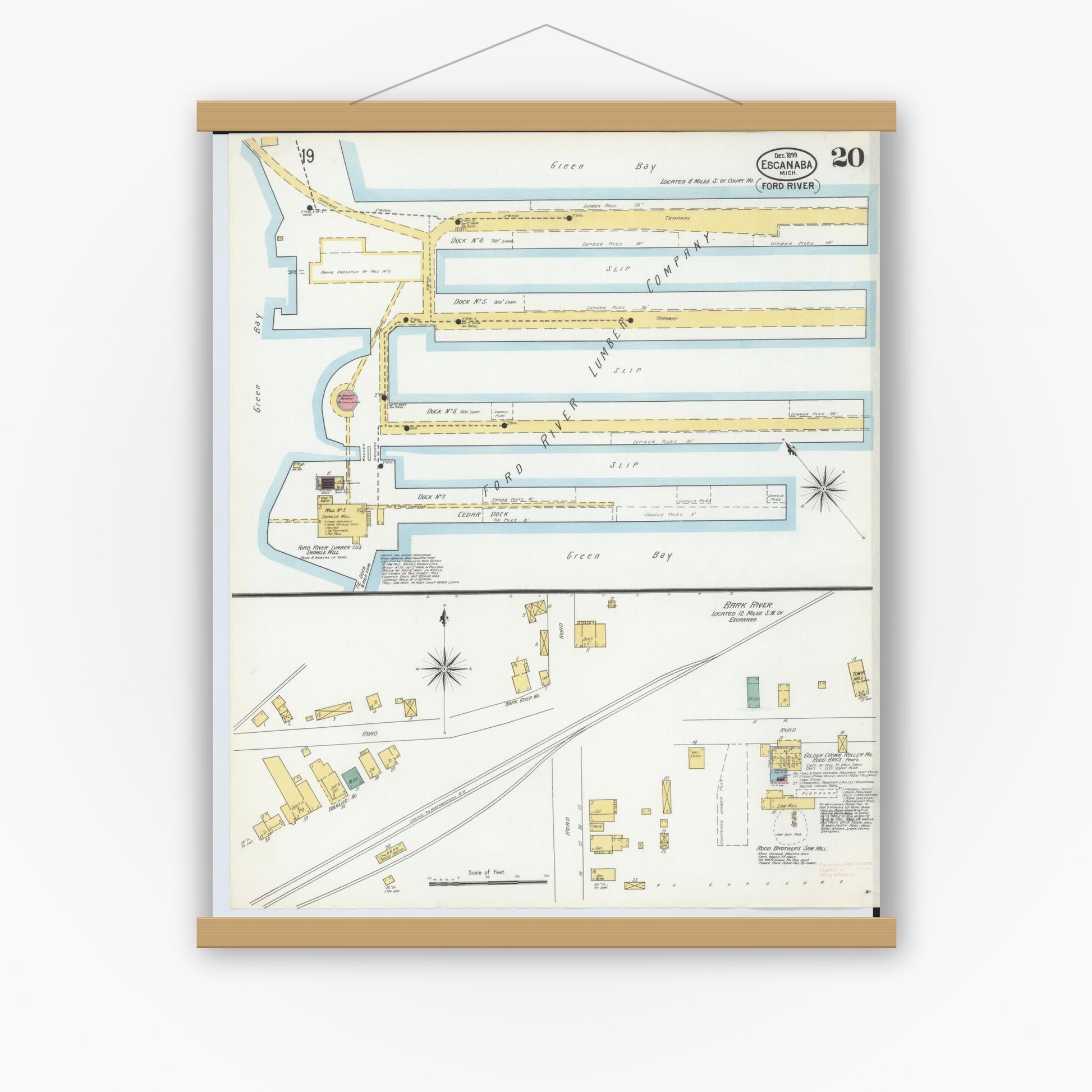 Old map wall art mockup — magnetic wood frame on white wall — Sanborn Fire Insurance Map from Escanaba, Delta County, Michigan (1899), Sheet #0020