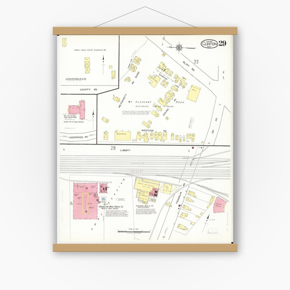 Old map wall art mockup — magnetic wood frame on white wall — Sanborn Fire Insurance Map from Clinton, Clinton County, Iowa (1917), Sheet #0029