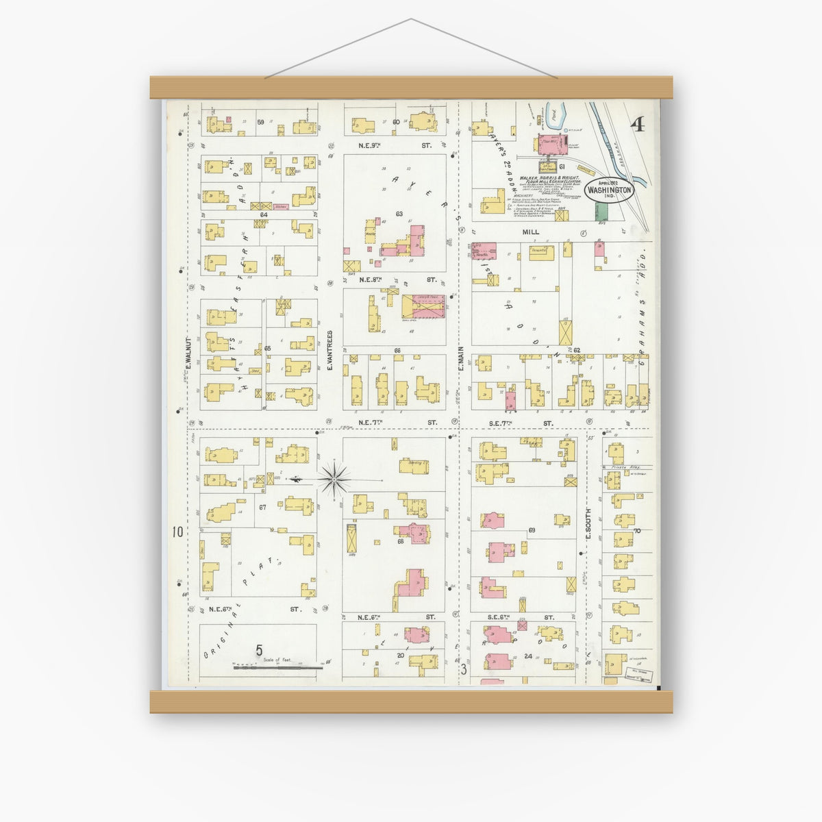 Old map wall art mockup — magnetic wood frame on white wall — Sanborn Fire Insurance Map from Washington, Daviess County, Indiana (1902), Sheet #0004