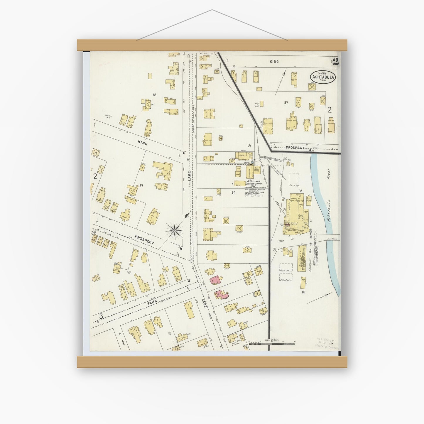 Old map wall art mockup — magnetic wood frame on white wall — Sanborn Fire Insurance Map from Ashtabula, Ashtabula County, Ohio (1898), Sheet #0002