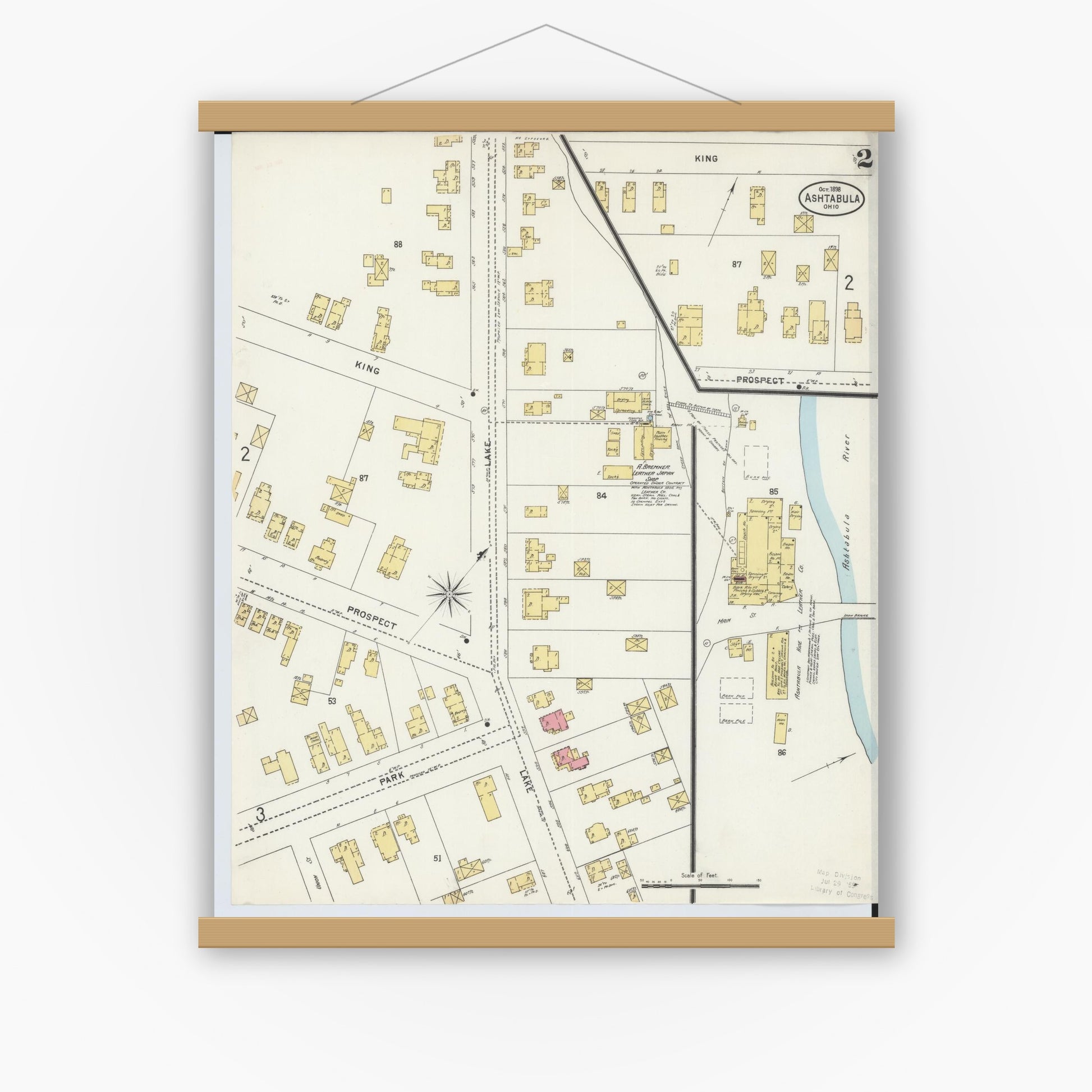 Old map wall art mockup — magnetic wood frame on white wall — Sanborn Fire Insurance Map from Ashtabula, Ashtabula County, Ohio (1898), Sheet #0002