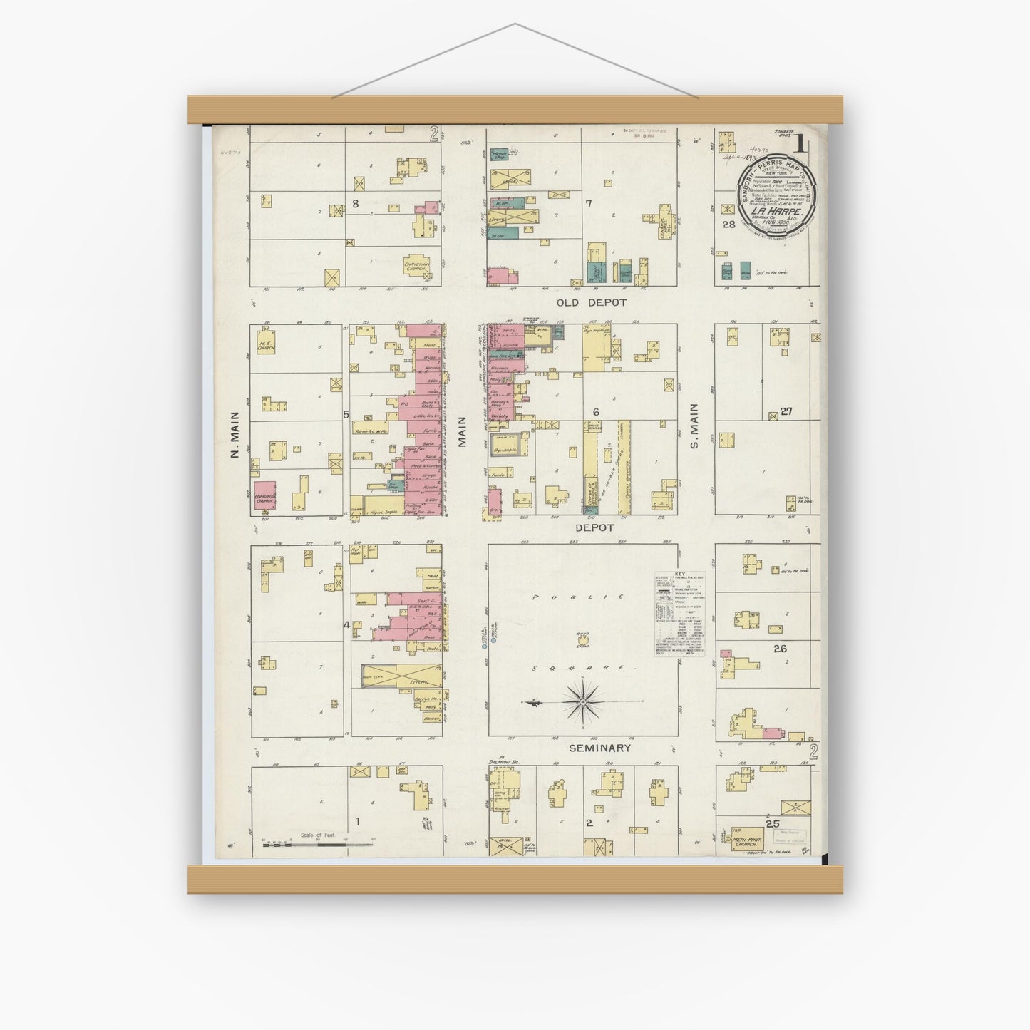 Old map wall art mockup — magnetic wood frame on white wall — Sanborn Fire Insurance Map from La Harpe, Hancock County, Illinois (1893), Sheet #0001
