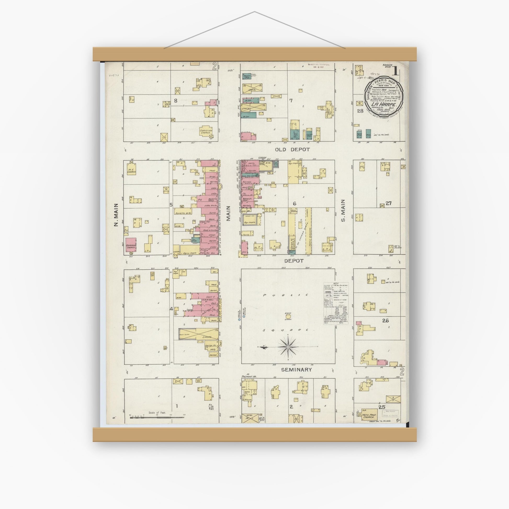 Old map wall art mockup — magnetic wood frame on white wall — Sanborn Fire Insurance Map from La Harpe, Hancock County, Illinois (1893), Sheet #0001