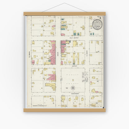 Old map wall art mockup — magnetic wood frame on white wall — Sanborn Fire Insurance Map from La Harpe, Hancock County, Illinois (1893), Sheet #0001