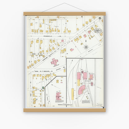 Old map wall art mockup — magnetic wood frame on white wall — Sanborn Fire Insurance Map from Cambridge, Guernsey County, Ohio (1901), Sheet #0009