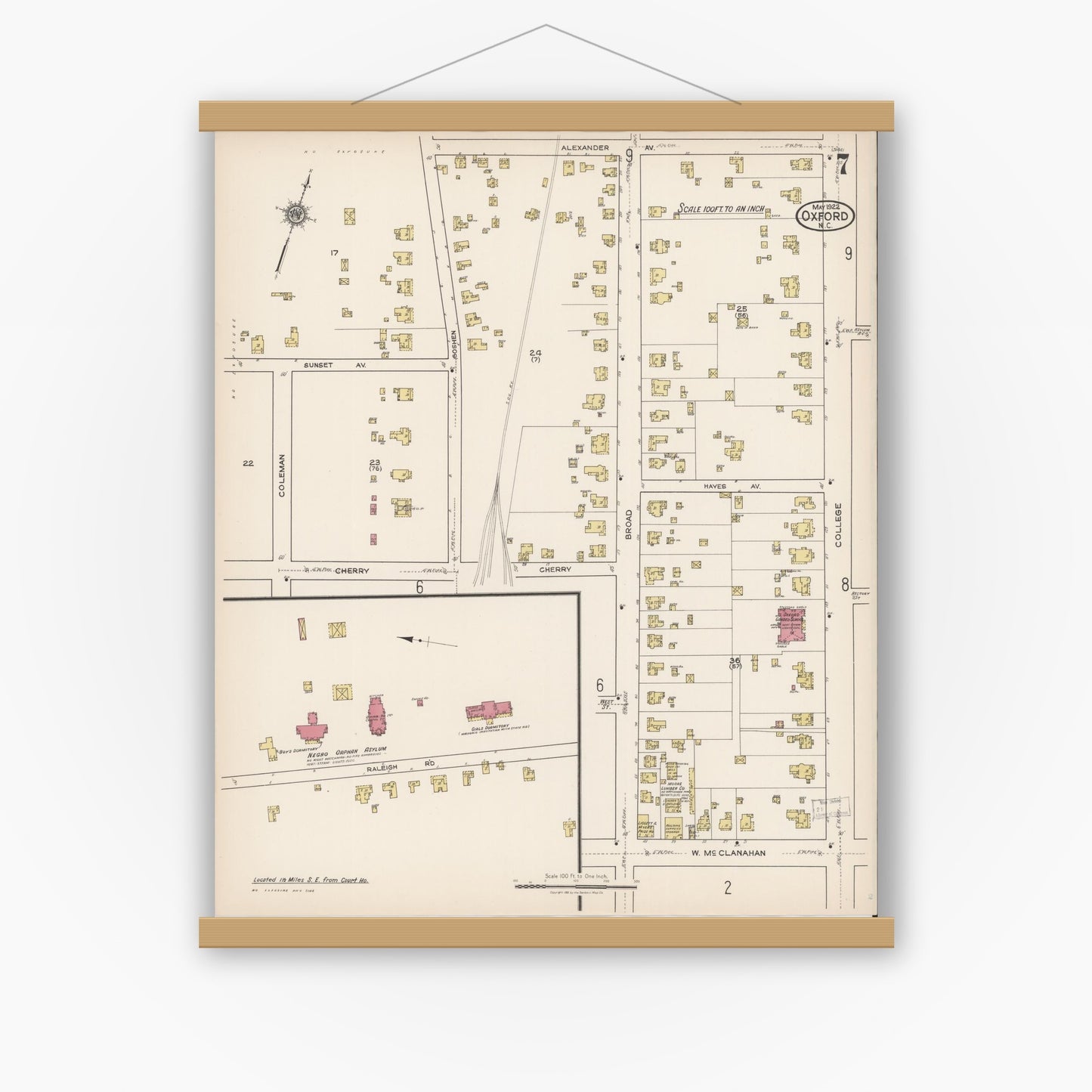 Old map wall art mockup — magnetic wood frame on white wall — Sanborn Fire Insurance Map from Oxford, Granville County, North Carolina (1922), Sheet #0007
