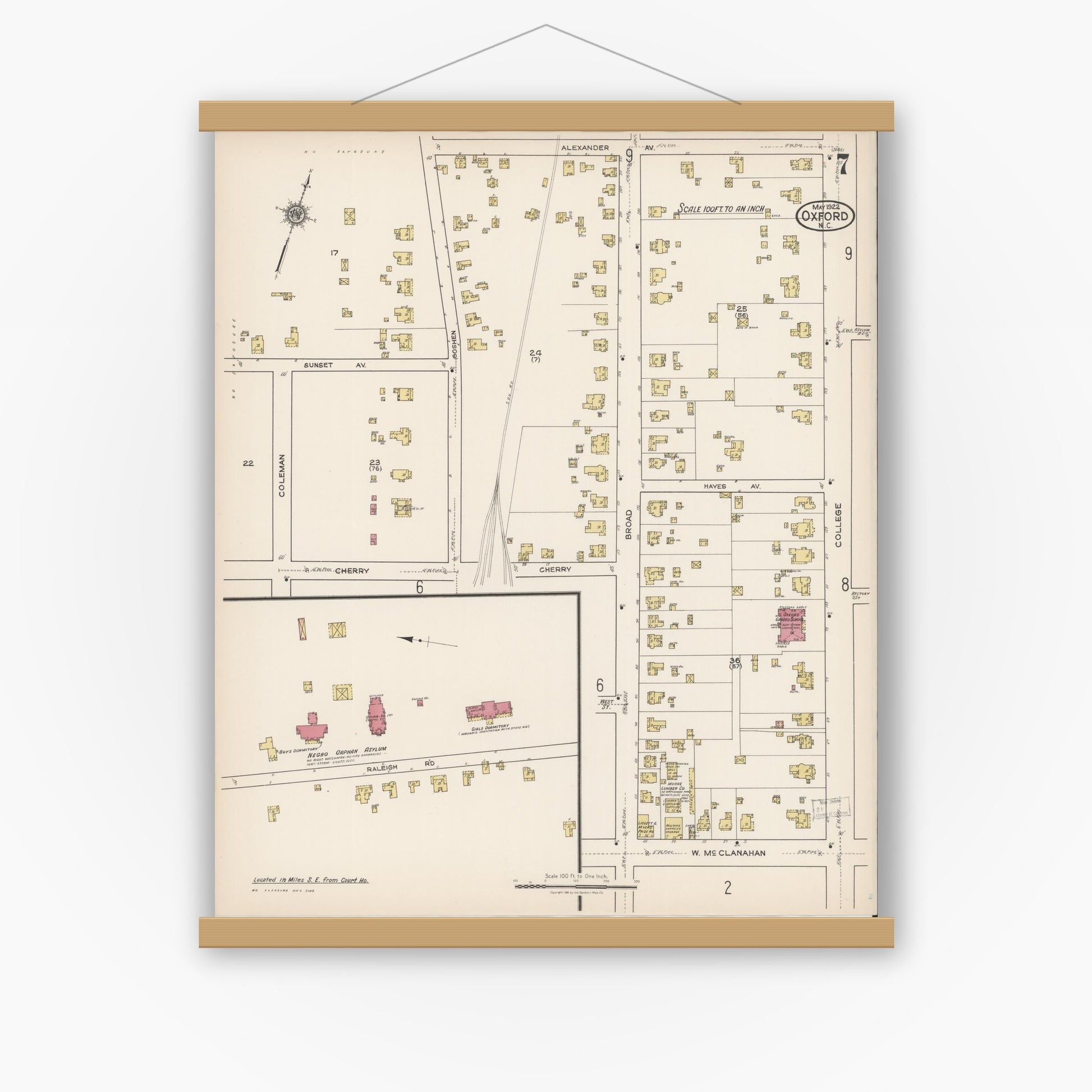 Old map wall art mockup — magnetic wood frame on white wall — Sanborn Fire Insurance Map from Oxford, Granville County, North Carolina (1922), Sheet #0007