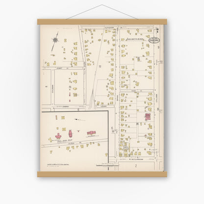 Old map wall art mockup — magnetic wood frame on white wall — Sanborn Fire Insurance Map from Oxford, Granville County, North Carolina (1922), Sheet #0007