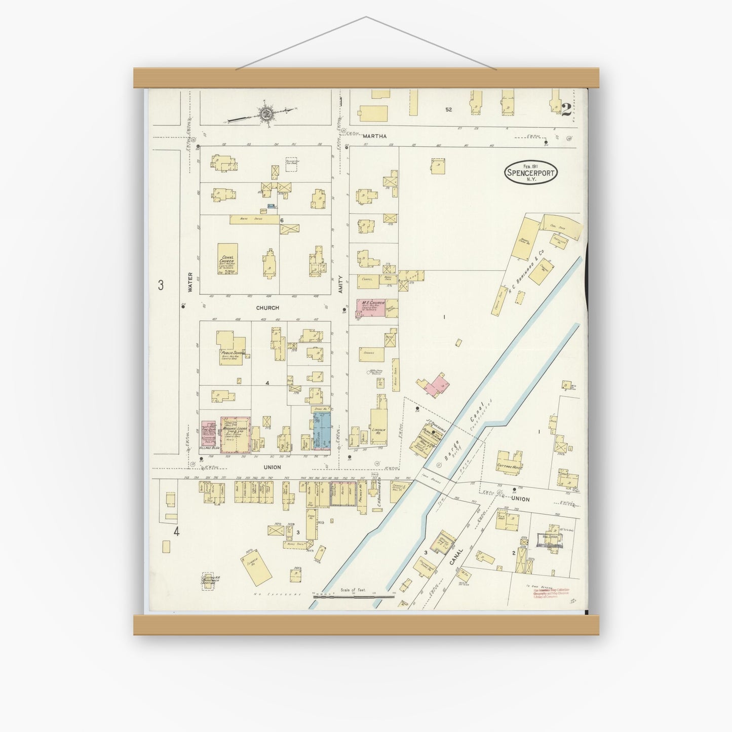 Old map wall art mockup — magnetic wood frame on white wall — Sanborn Fire Insurance Map from Spencerport, Monroe County, New York (1911), Sheet #0002