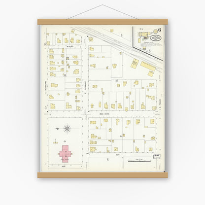 Old map wall art mockup — magnetic wood frame on white wall — Sanborn Fire Insurance Map from Denton, Denton County, Texas (1907), Sheet #0006