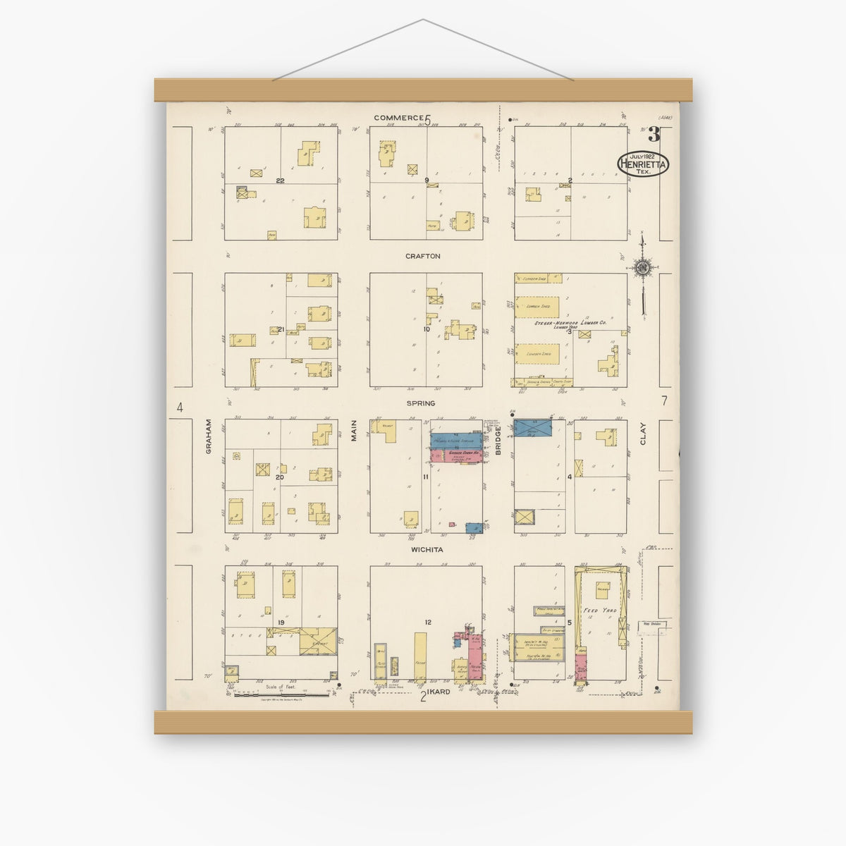 Old map wall art mockup — magnetic wood frame on white wall — Sanborn Fire Insurance Map from Henrietta, Clay County, Texas (1922), Sheet #0003